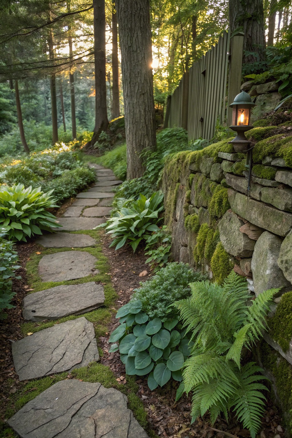 Winding path of irregular gray stone slabs through garden beds of green hostas, ferns, and moss along a wooden fence and moss-covered stone wall, with a metal lantern light on the wall and trees in the background.