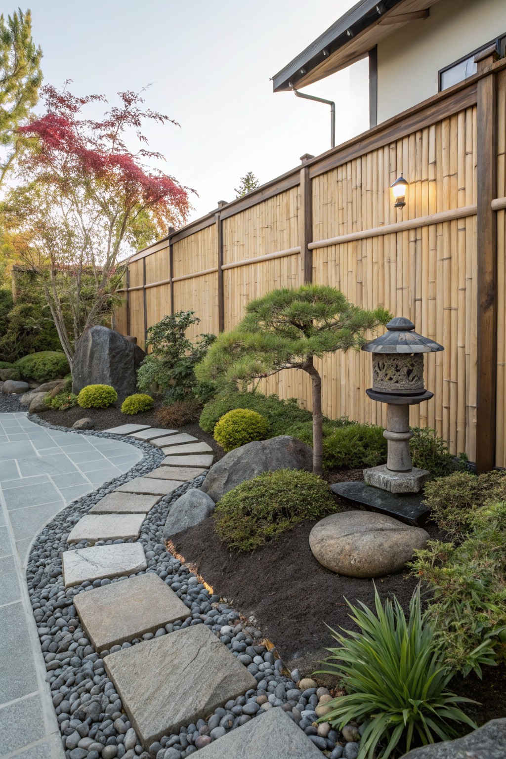 Curved flagstone path edged with gravel and boulders winds along a bamboo fence in a garden with pine trees, mossy plants, rocks, and a stone lantern.