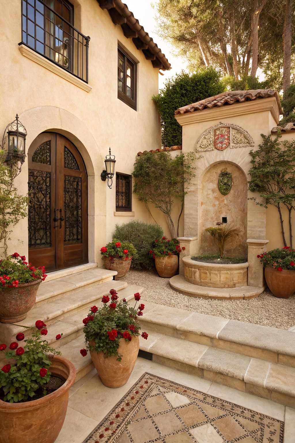 Beige stucco house facade with arched double doors, flanked by large terracotta pots of red flowers on stone steps leading to a courtyard fountain, surrounded by shrubs and gravel path.