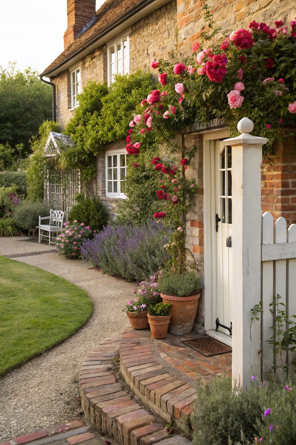 Stone and brick cottage with pink and red climbing roses covering walls and door frame, white picket fence, gravel path with potted plants and perennials, wooden bench nearby.