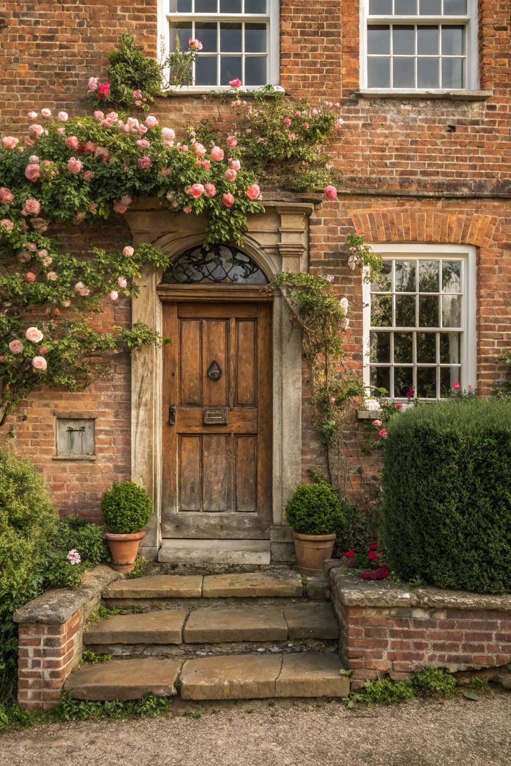 Brick house exterior featuring a wooden door under a stone archway covered in pink climbing roses, with boxwood topiaries in terracotta pots on either side and stone steps leading up.