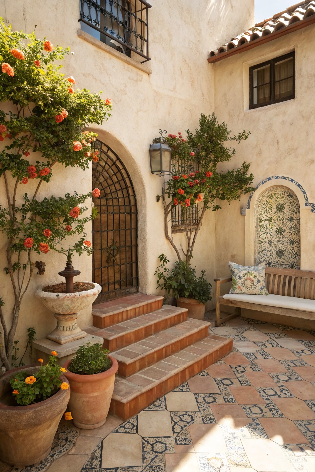 Stucco courtyard exterior with climbing orange roses on walls and trees, arched iron door with steps, stone fountain, wooden bench with cushions, potted plants, and patterned tile patio.