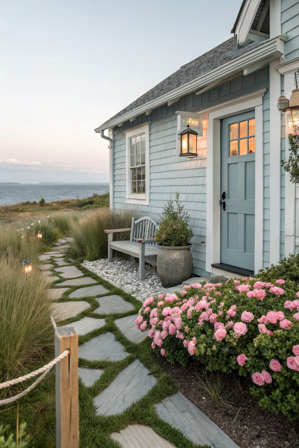 Blue shingle house with teal front door and window, stone pathway edged by pink rose bushes and ornamental grasses leading from ocean view, wooden bench and lanterns along path at dusk.