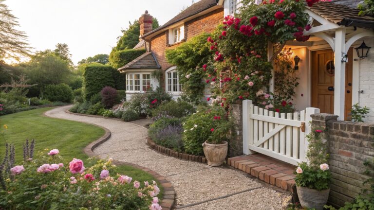 Stone and brick cottage with pink and red climbing roses covering walls and door frame, white picket fence, gravel path with potted plants and perennials, wooden bench nearby.