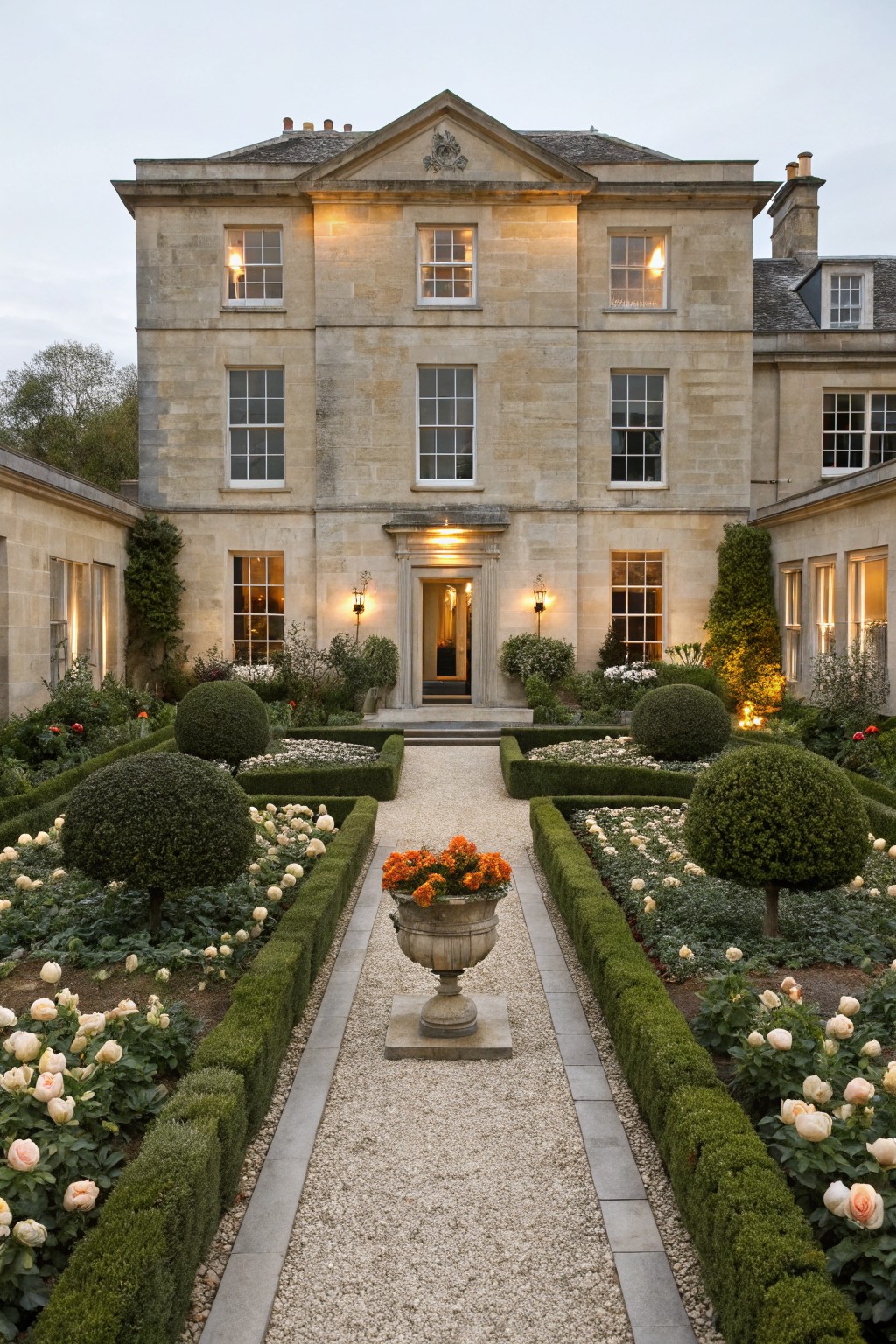 Bath stone house exterior with lit windows and lanterns flanking the centered entrance, fronted by a formal parterre garden of boxwood hedges enclosing rose-filled beds along a central gravel path.