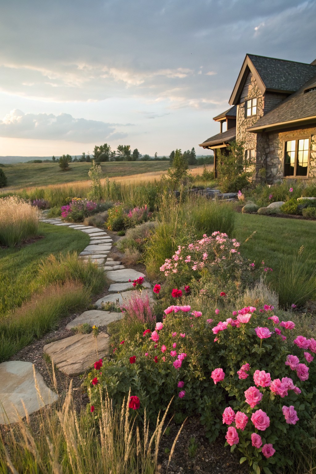 A winding flagstone path curves through front yard garden beds filled with clusters of pink roses and ornamental grasses, leading toward a stone house under a partly cloudy sky.