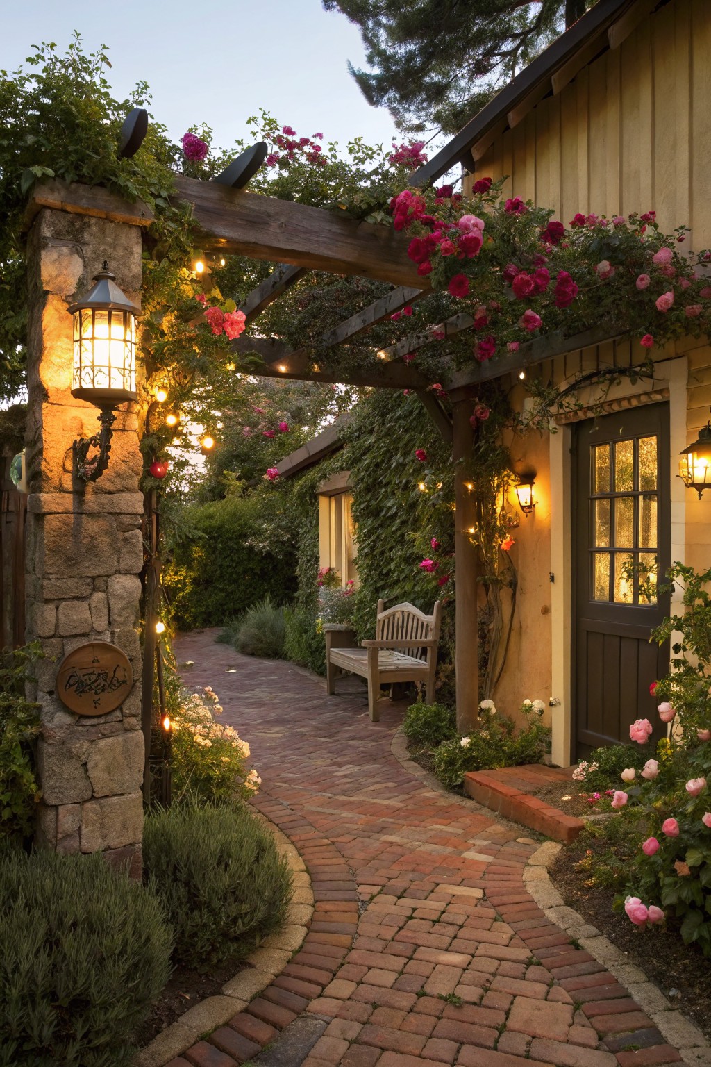Wooden arbor covered in pink and red climbing roses above a curving red brick path through garden beds and lavender shrubs leading to a beige cottage door flanked by lanterns.