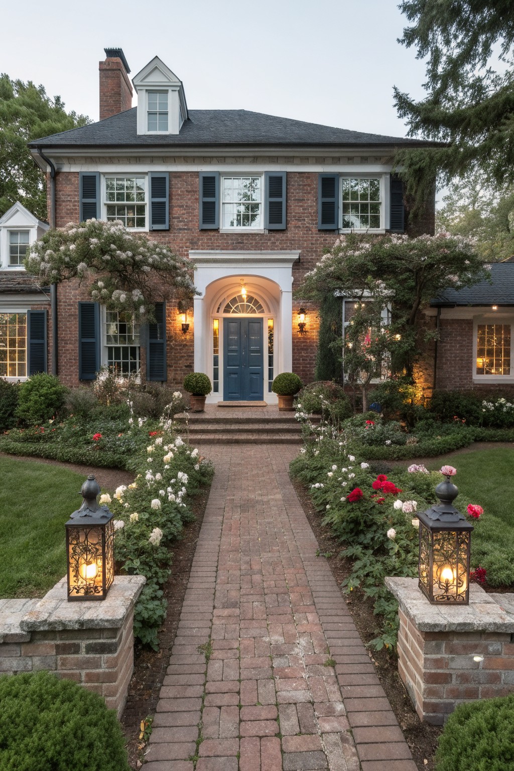 Brick colonial house with blue front door, flanked by trees and shrubs, and a central brick pathway lined with white and pink roses leading from the street, with black metal lanterns on brick pillars at the ends.