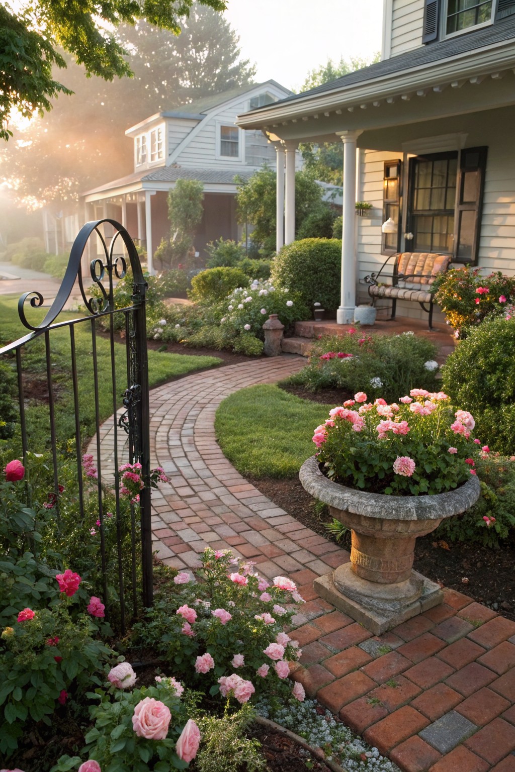 Curved red brick pathway lined with pink and red roses passes through an open black wrought iron gate toward a white house with porch and bench, surrounded by gardens and trees in morning light.