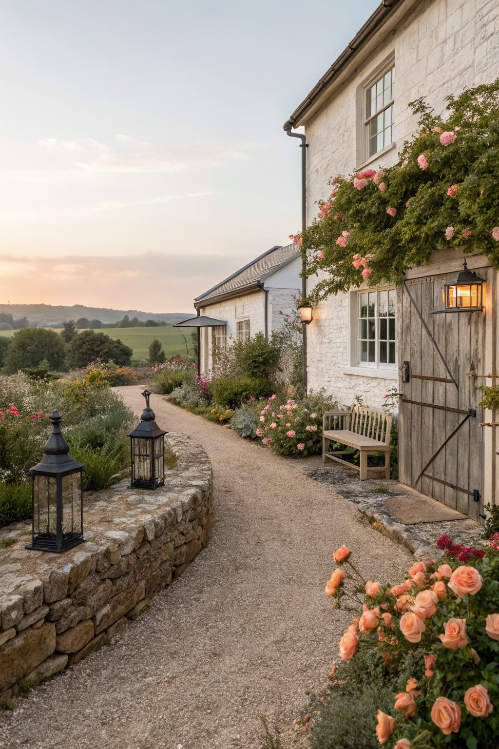 Gravel path edged by stone wall with black lanterns and rose plantings leads to white stone house with climbing pink roses, wooden garage door, and wooden bench.