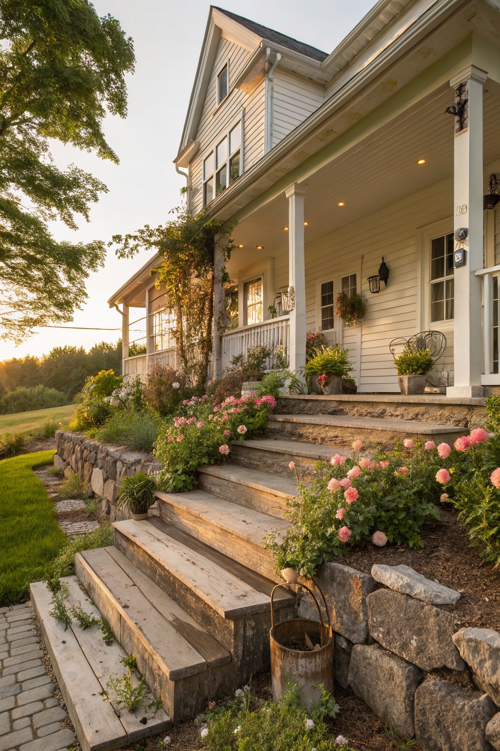 White clapboard house with wraparound porch and stone steps covered in pink roses, flanked by a stone retaining wall and greenery, viewed from the side in evening light.