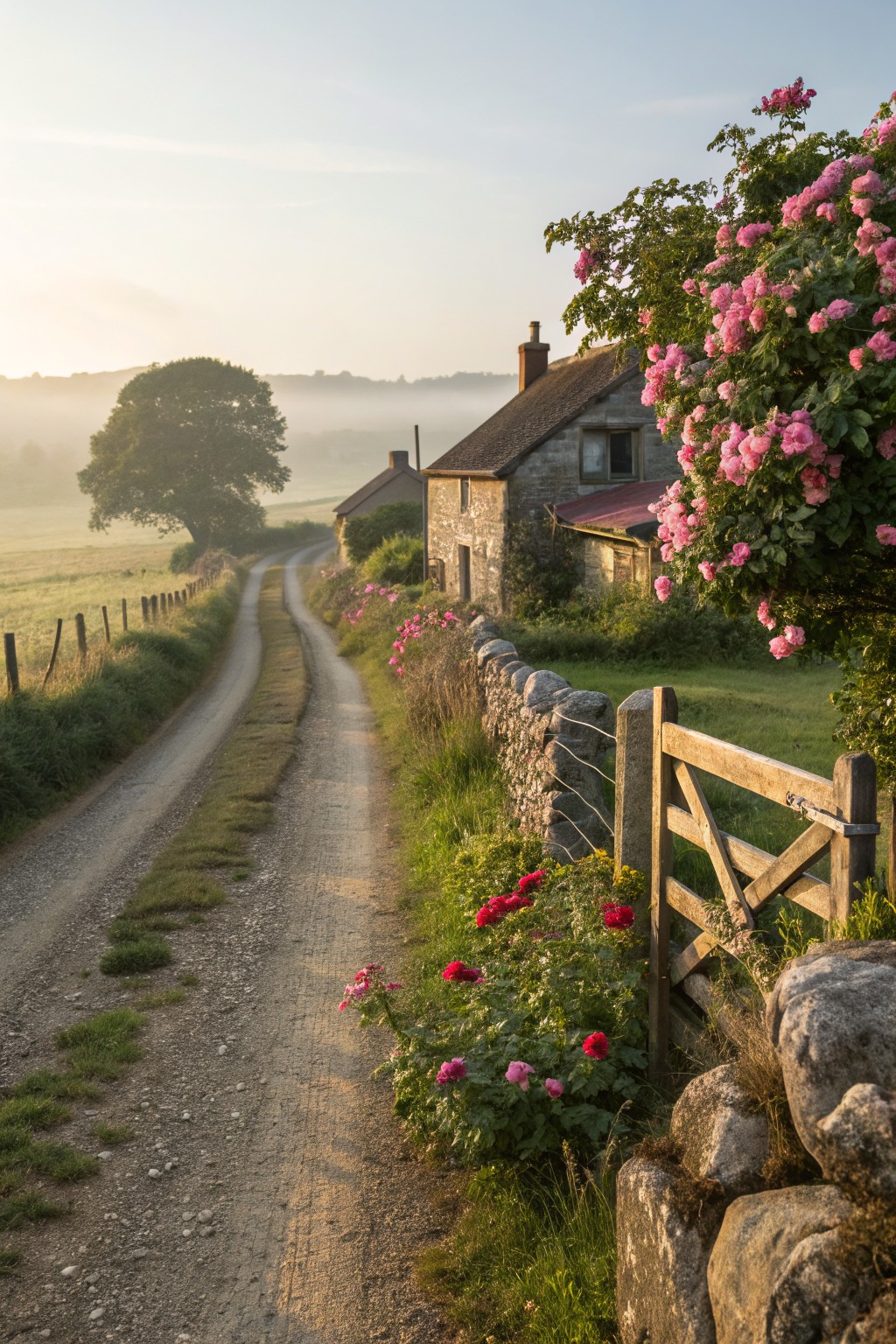 Pink climbing roses cover a dry stone wall and wooden gate beside a gravel lane leading to a stone cottage in a misty rural landscape.