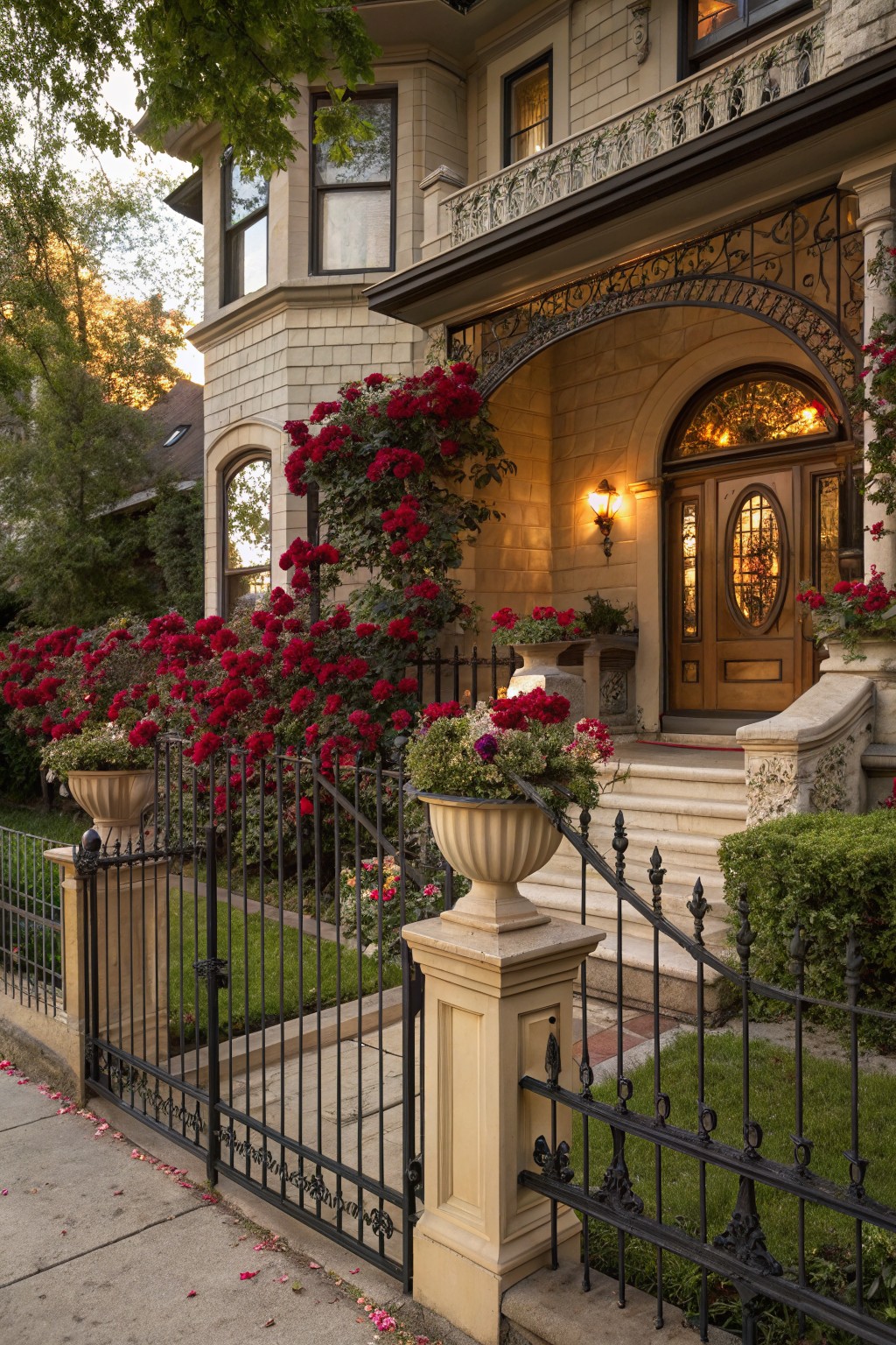Beige stone house exterior with red climbing roses covering an arched entryway and wrought iron fence gate, potted roses on steps and along the front yard.