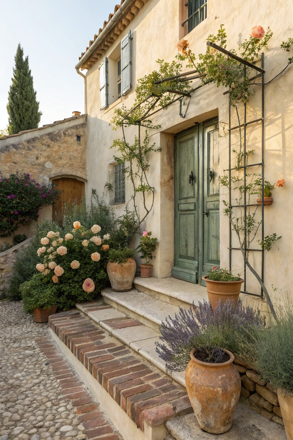 Rustic ochre stone house exterior with green double doors under a vine-covered metal trellis, flanked by large pale pink rose bushes, terracotta pots of lavender and other plants, brick-edged stone steps, and a pebble courtyard path.