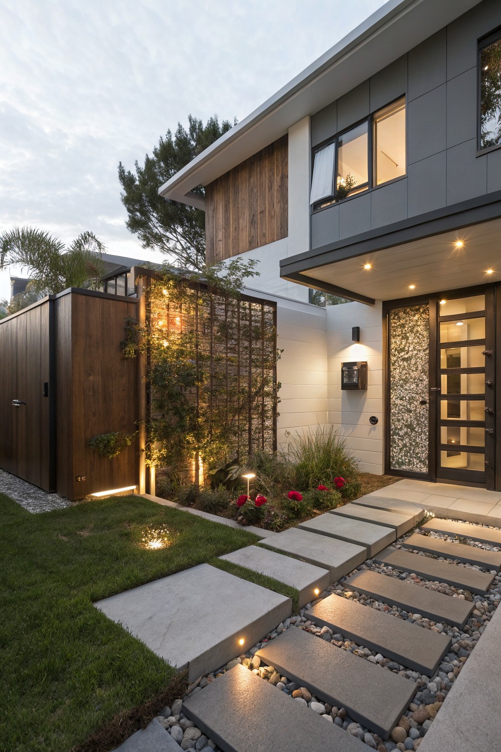 Modern house facade with gray panels and wood accents, featuring a glass entry door flanked by a landscaped bed with red roses, grasses, and potted plants, and a stone paver pathway lit by ground lights through a grassy lawn.