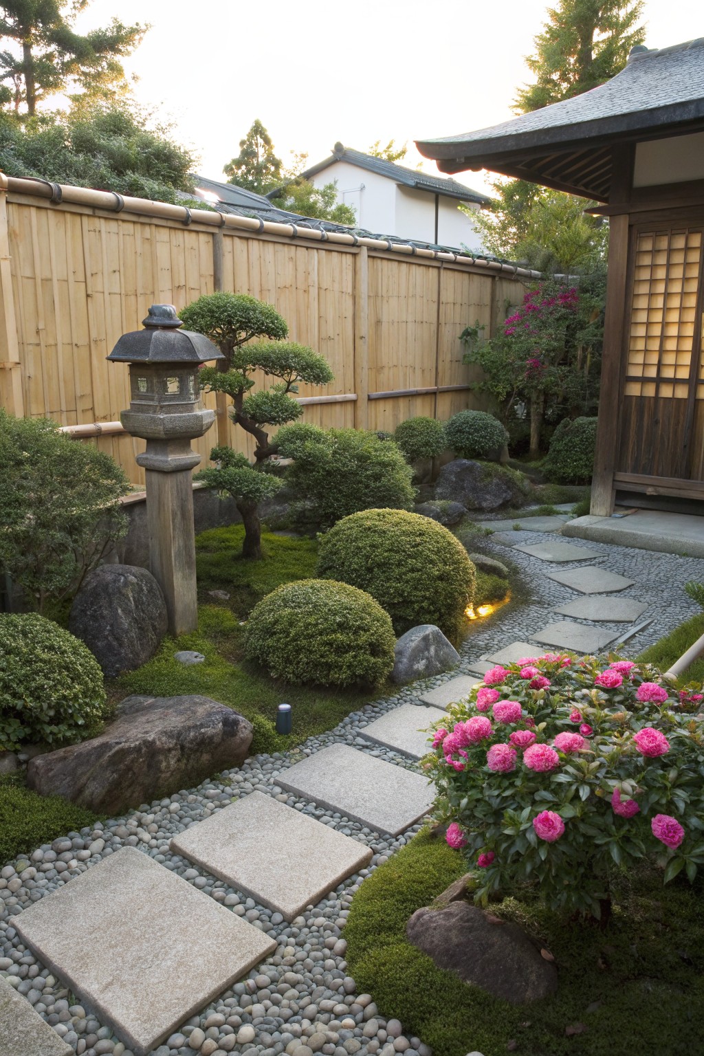Japanese garden with a winding gray stone path edged by pink rose bushes, surrounded by bonsai trees, clipped shrubs, large rocks, gravel, moss, a stone lantern, and wooden fencing beside a traditional house.