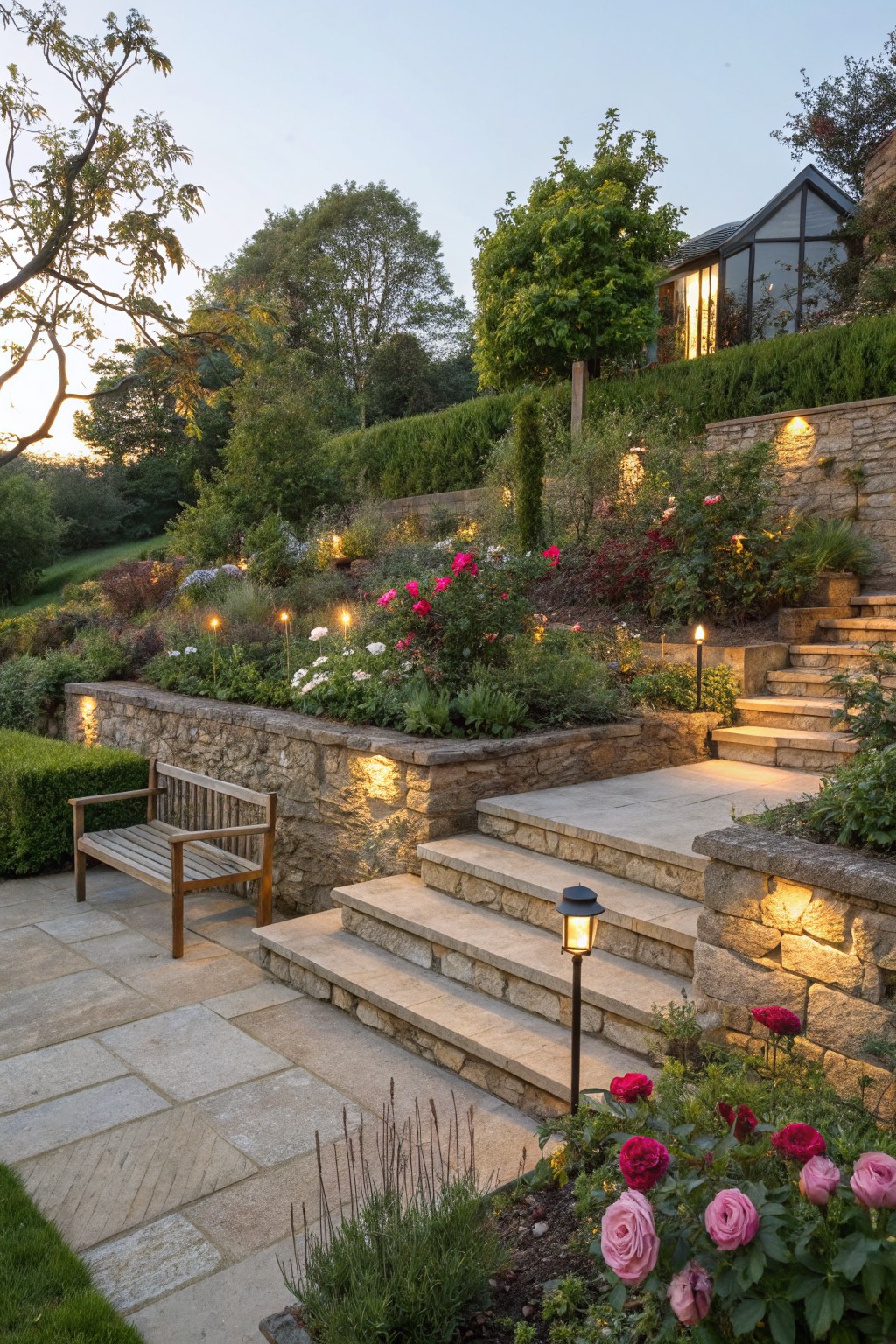 Terraced stone retaining walls planted with pink and red roses, stone steps with lanterns, a wooden bench nearby, lush greenery, and a modern glass-walled house on a hillside at dusk.