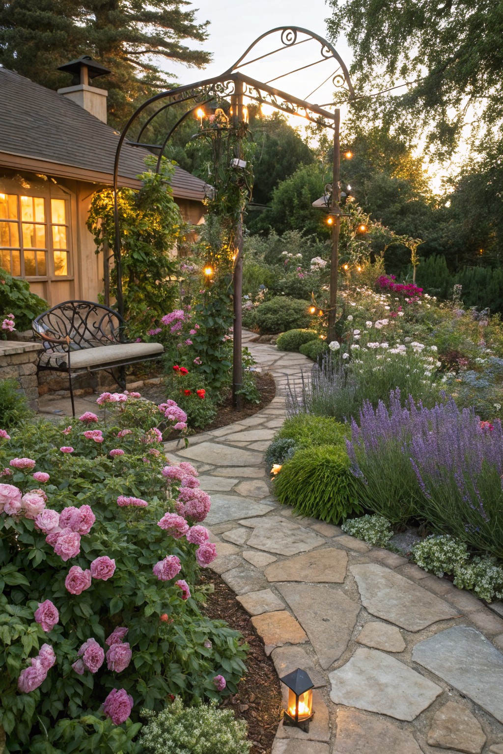 Winding flagstone path edged by dense pink rose bushes, lavender plants, and grasses in a garden with an iron bench, arbor with string lights, and house exterior in the background.