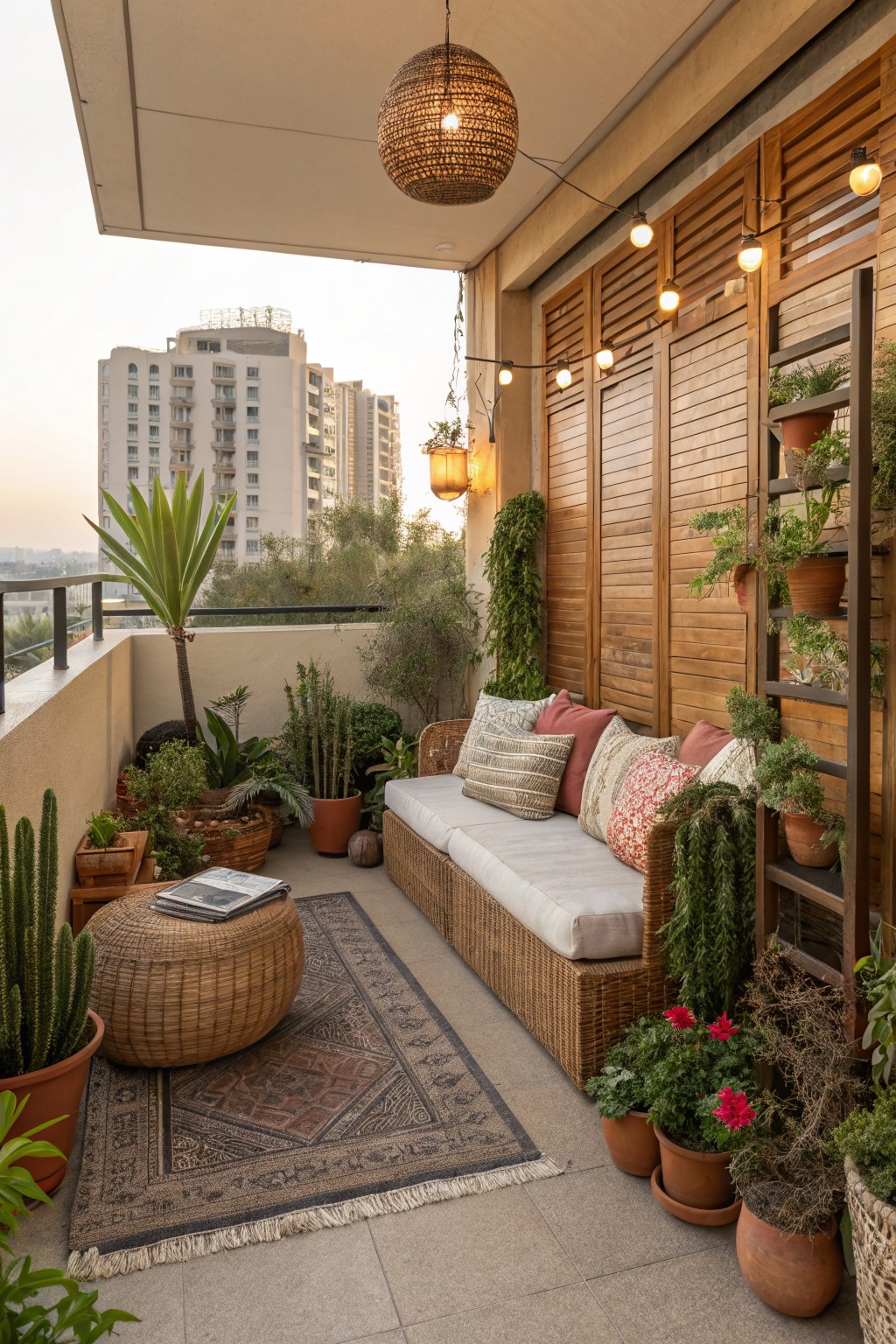 Balcony featuring a wicker daybed with cushions, surrounded by potted cacti and succulents on wooden slatted walls and ladder shelves, string lights overhead, and a cityscape view.