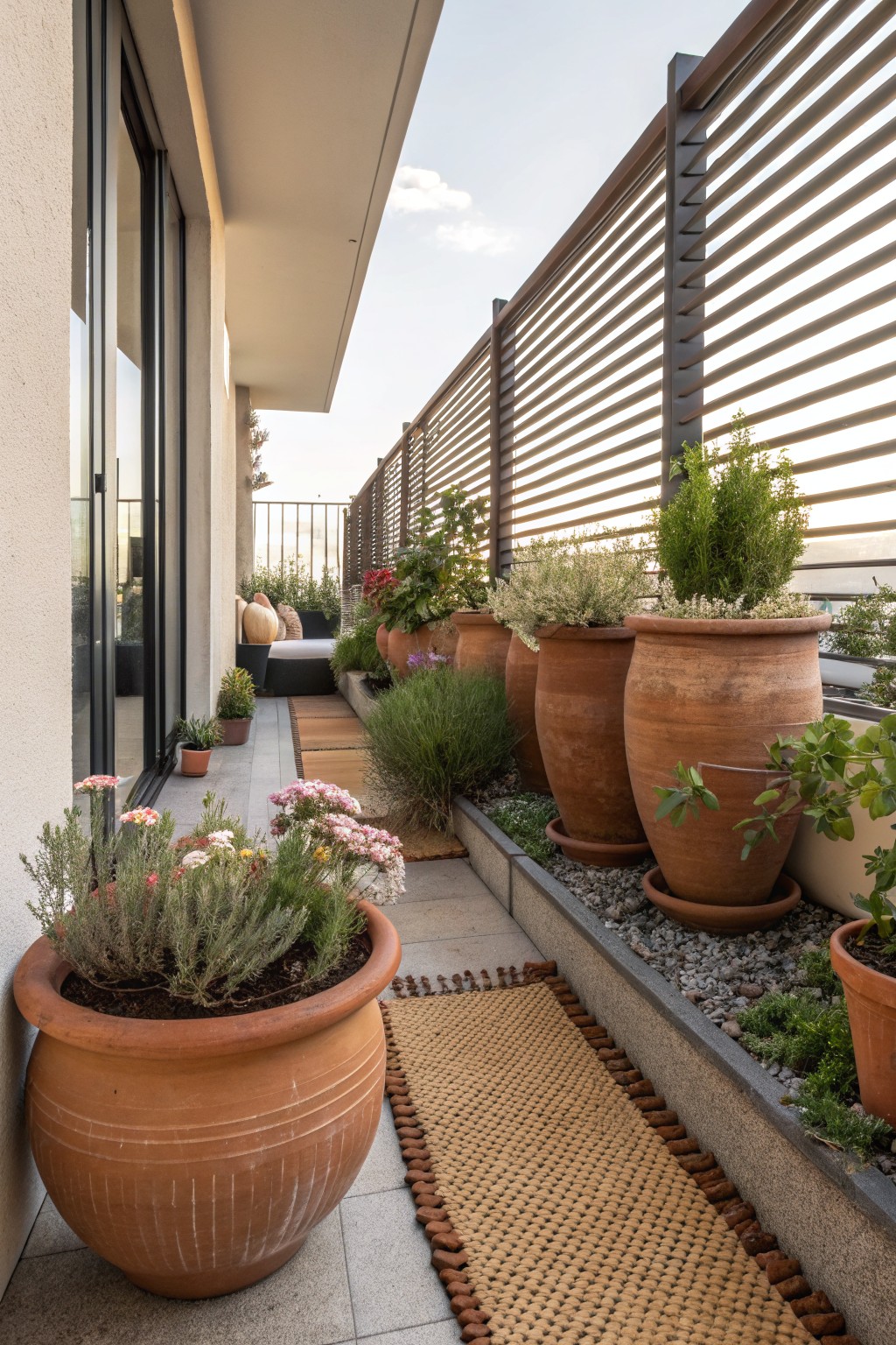 A narrow modern balcony with large terracotta pots filled with lavender, grasses, and flowering plants lining both sides of a woven rug runner on stone flooring, gravel-mulched beds, slatted metal railing, and a cushioned lounge seat against the wall.