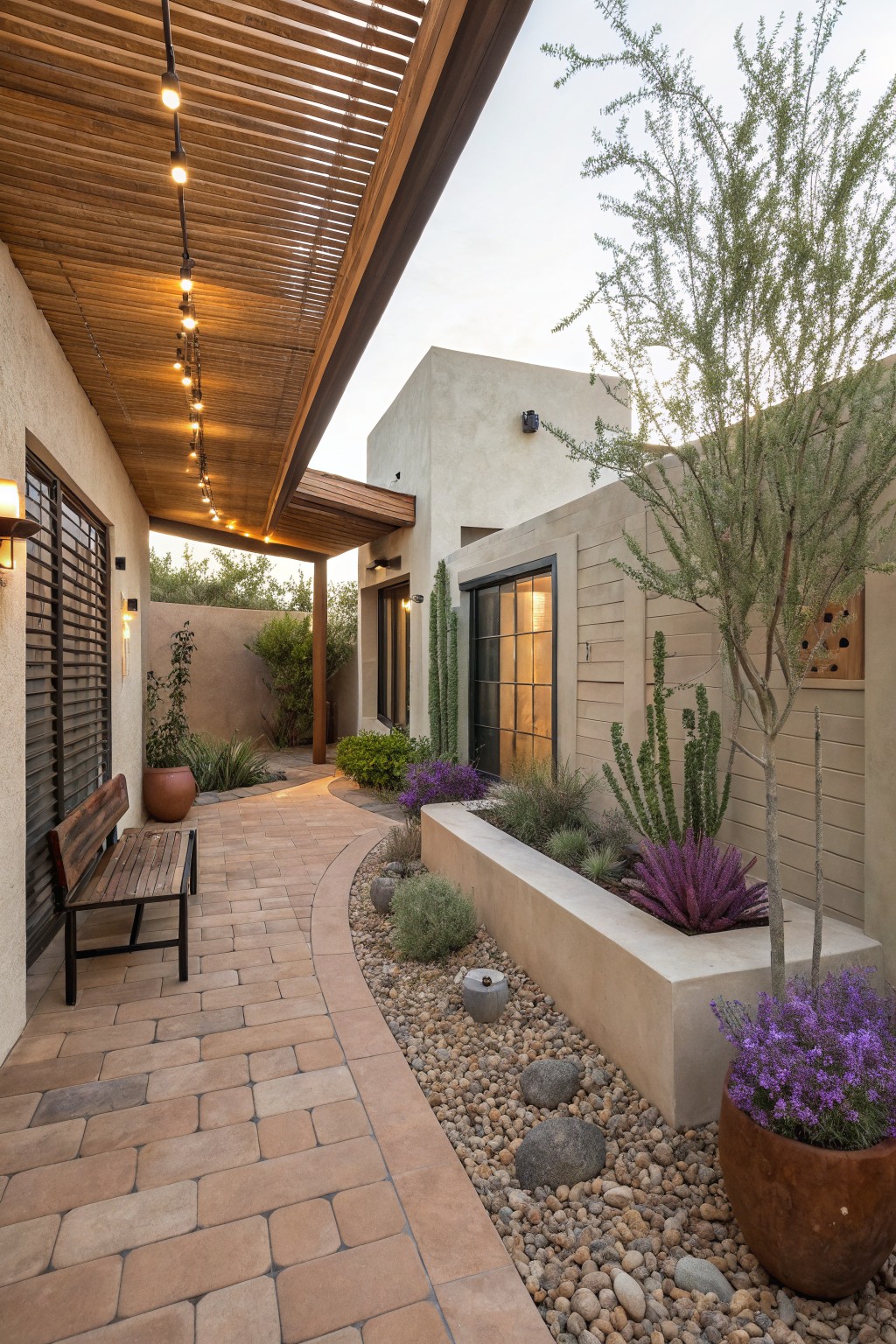 Curved brick paver pathway in a desert courtyard with gravel-mulched beds, raised concrete planters holding purple agaves and lavender, cacti, a wooden bench, string lights under a wooden slat pergola, and stucco walls at dusk.