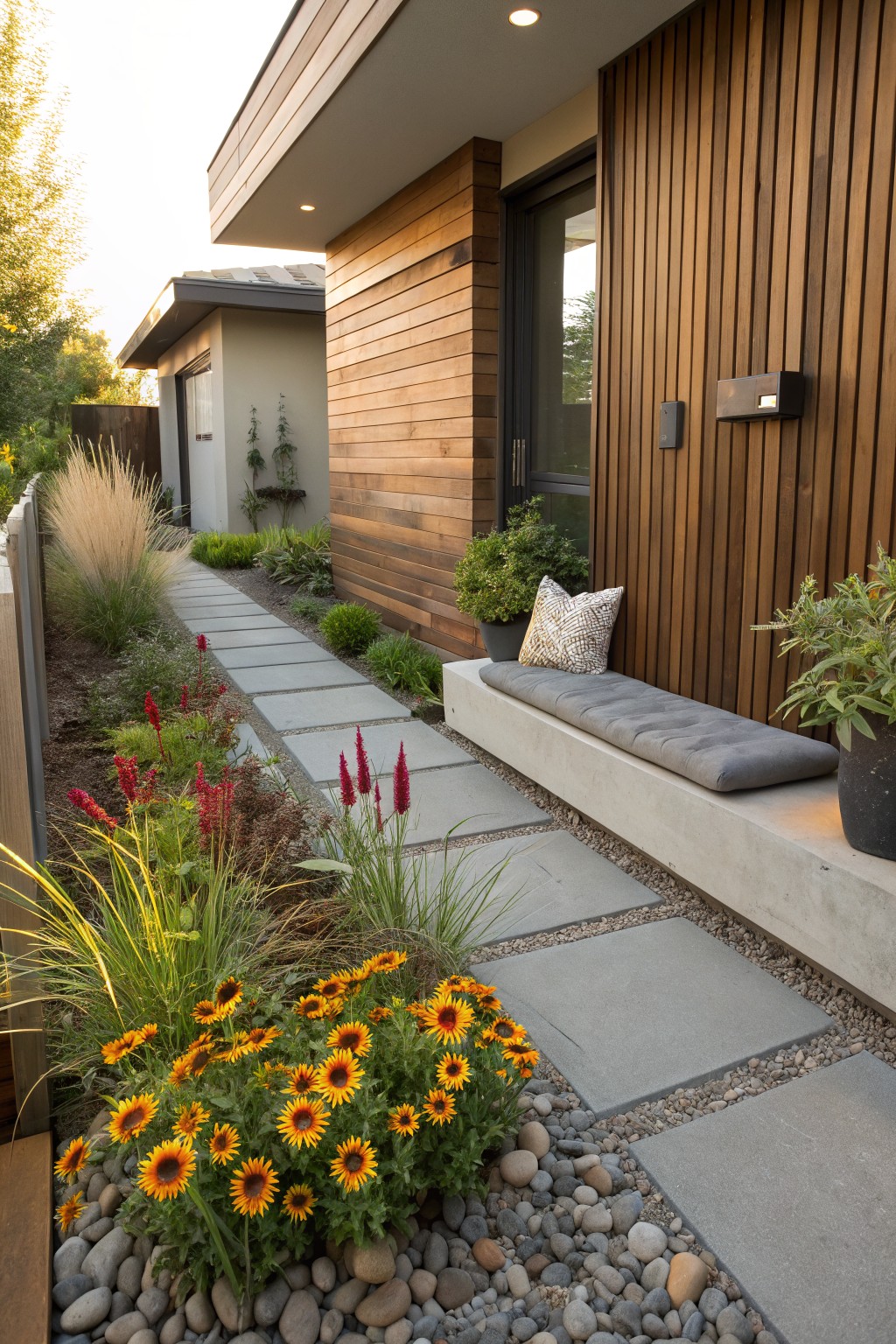 Modern house with vertical wooden cladding beside a concrete slab pathway edged in ornamental grasses, red flower spikes, yellow daisy-like flowers, gravel mulch, and a built-in concrete bench with gray cushion.
