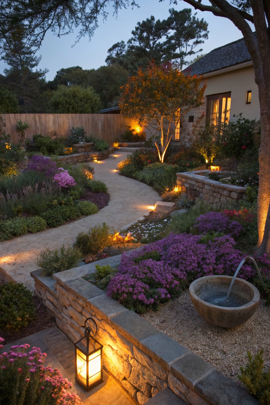 Winding gravel garden path at dusk lit by low ground lights and lanterns, edged by dense purple flowering groundcovers, stone retaining walls, a stone fountain basin, trees, shrubs, and a beige house in the background.