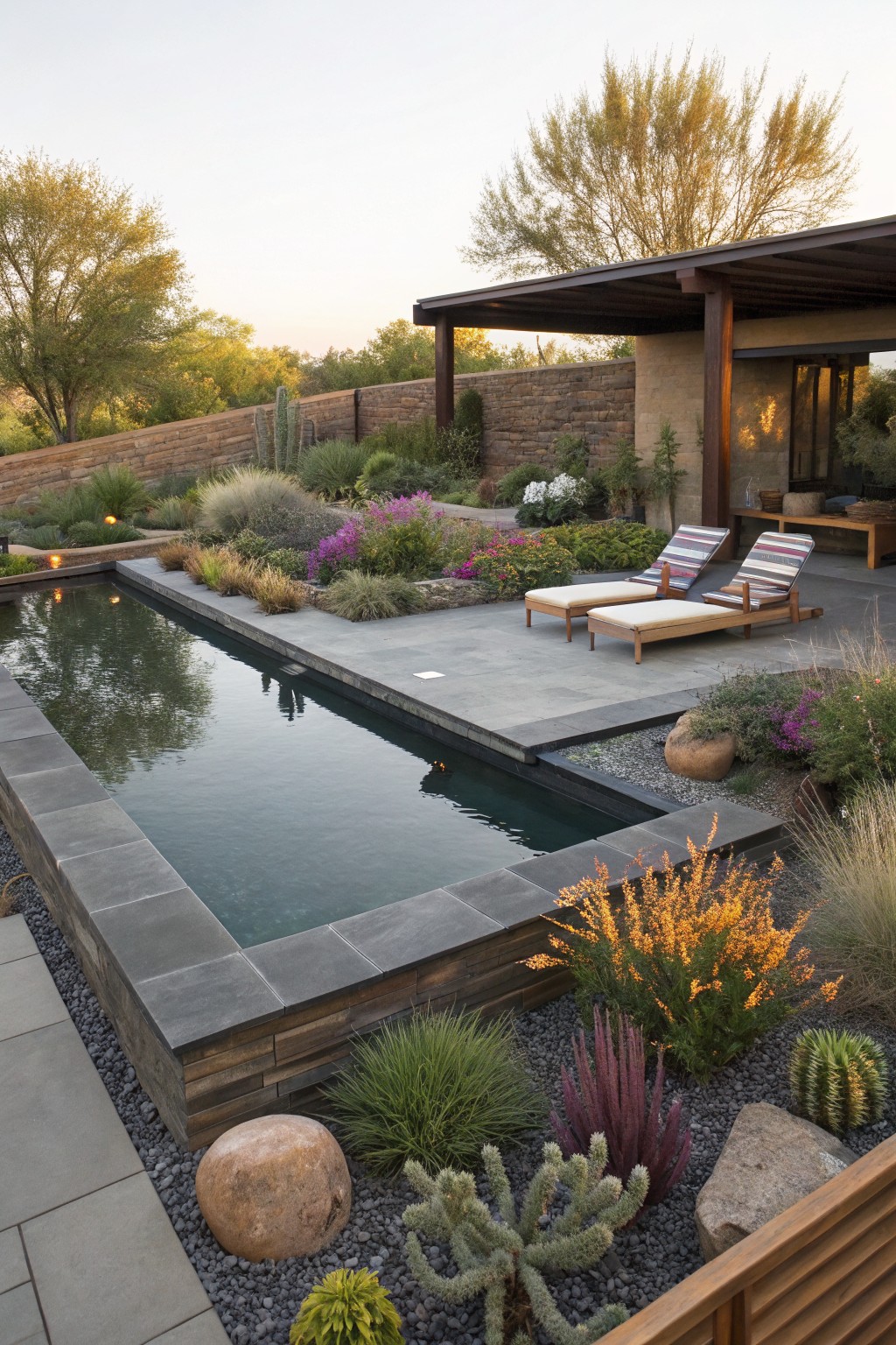 Narrow rectangular pool with black stone edges and reflective water, surrounded by dark gravel beds planted with cacti, grasses, colorful flowering shrubs, and large rocks, lounge chairs on a stone patio, wooden pergola, and modern house with stone walls in the background.