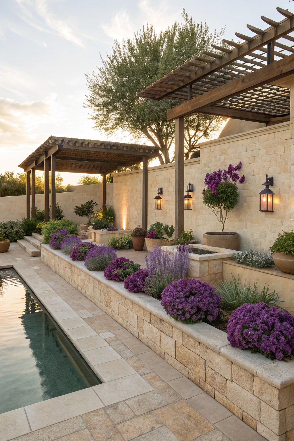 Pool bordered by raised beige stone beds overflowing with purple lavender and bushy flowers, wooden pergolas overhead, potted plants on walls, and lanterns, set against a stucco wall and trees at sunset.