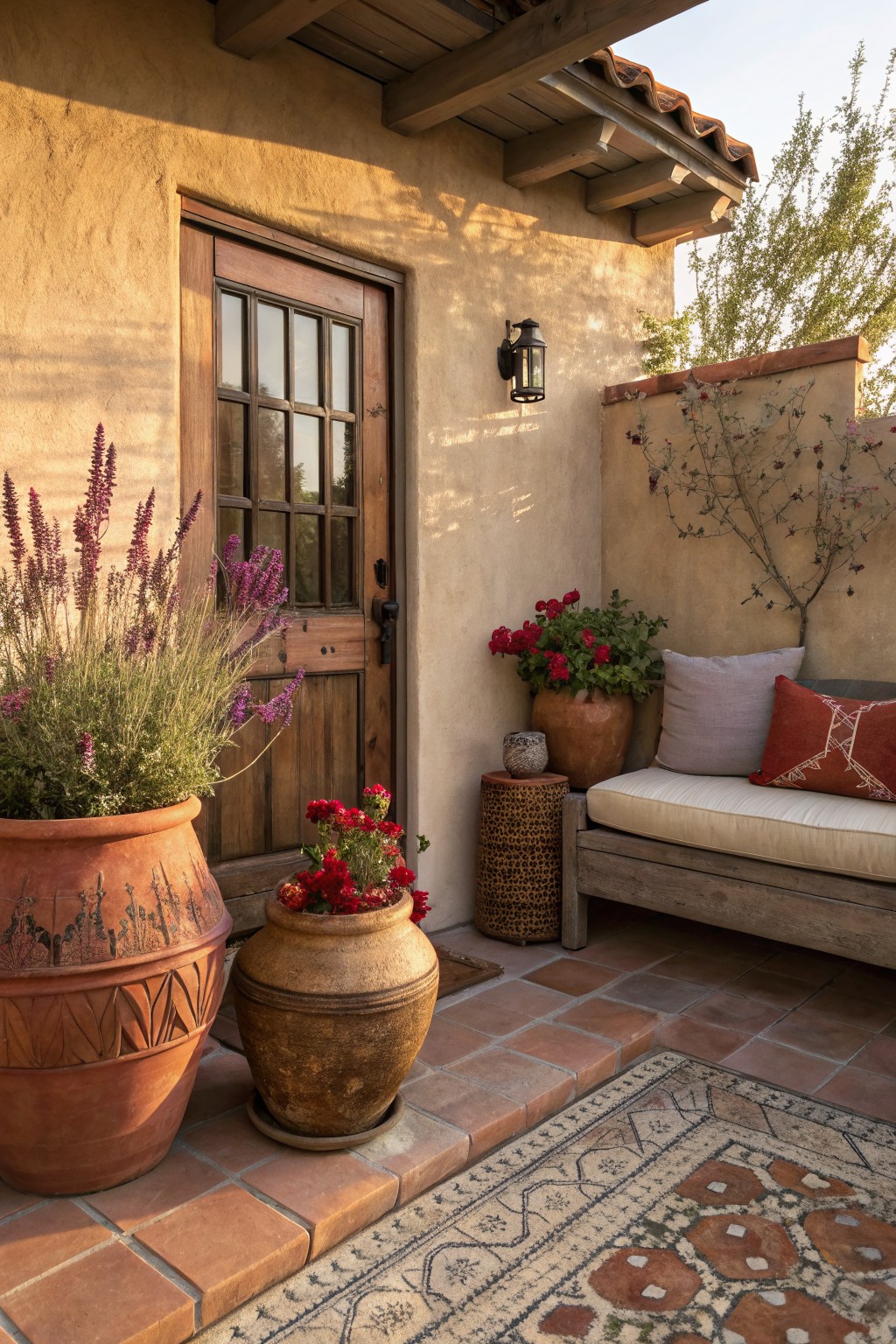 Adobe-style wall with wooden door flanked by large terracotta pots of purple lavender and smaller pots of red geraniums, next to a cushioned bench on a tiled patio with a patterned rug and side tables.