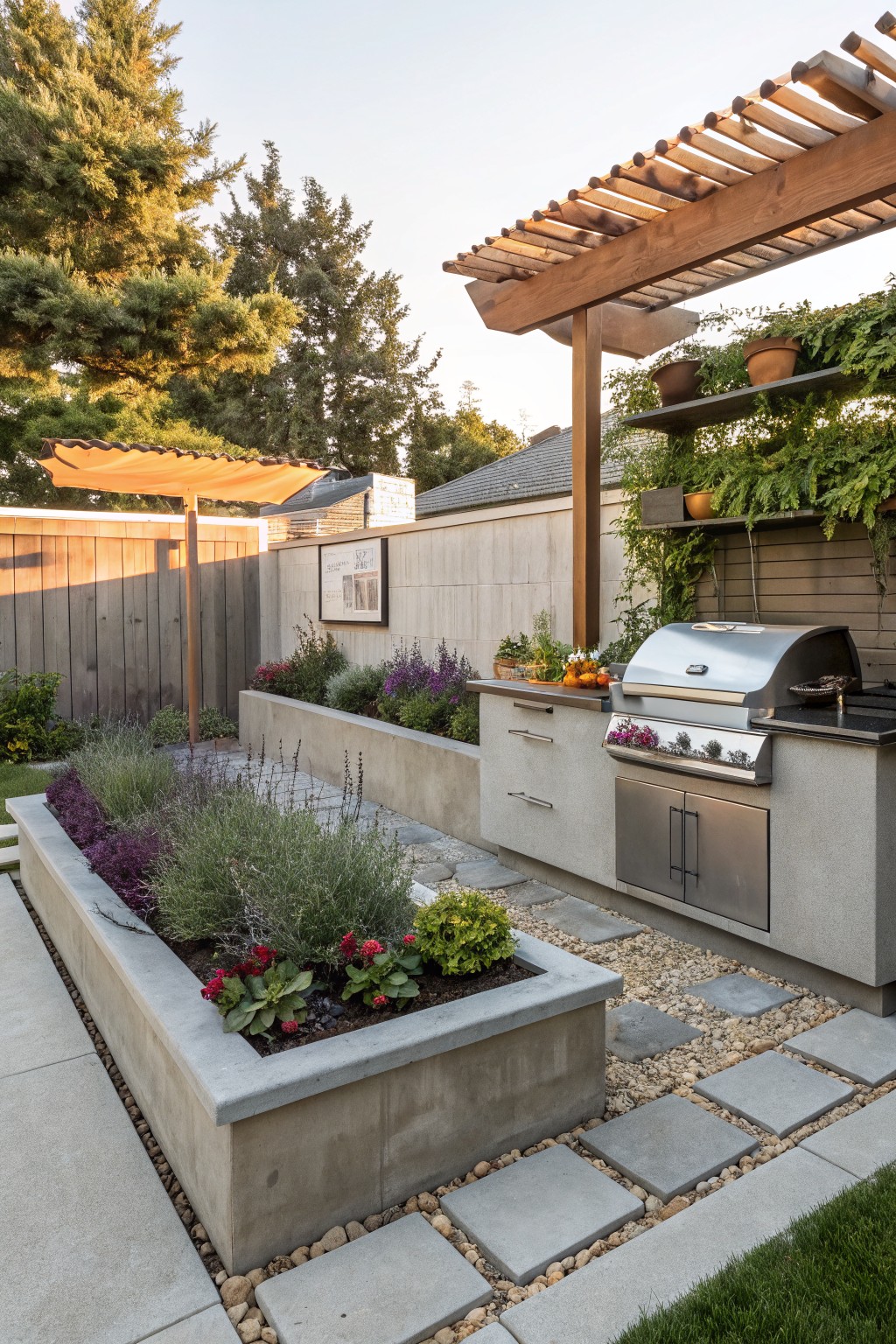 Backyard outdoor kitchen with stainless steel grill on concrete counters and cabinets, surrounded by L-shaped raised concrete planters filled with lavender, salvia, herbs, and flowers, gravel and paver paths, wooden pergola overhead, trees and fence in background.