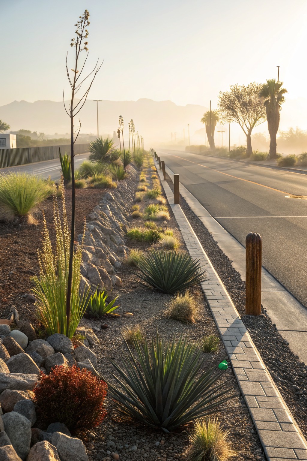 Roadside Desert Beds with Tall Agave Spikes