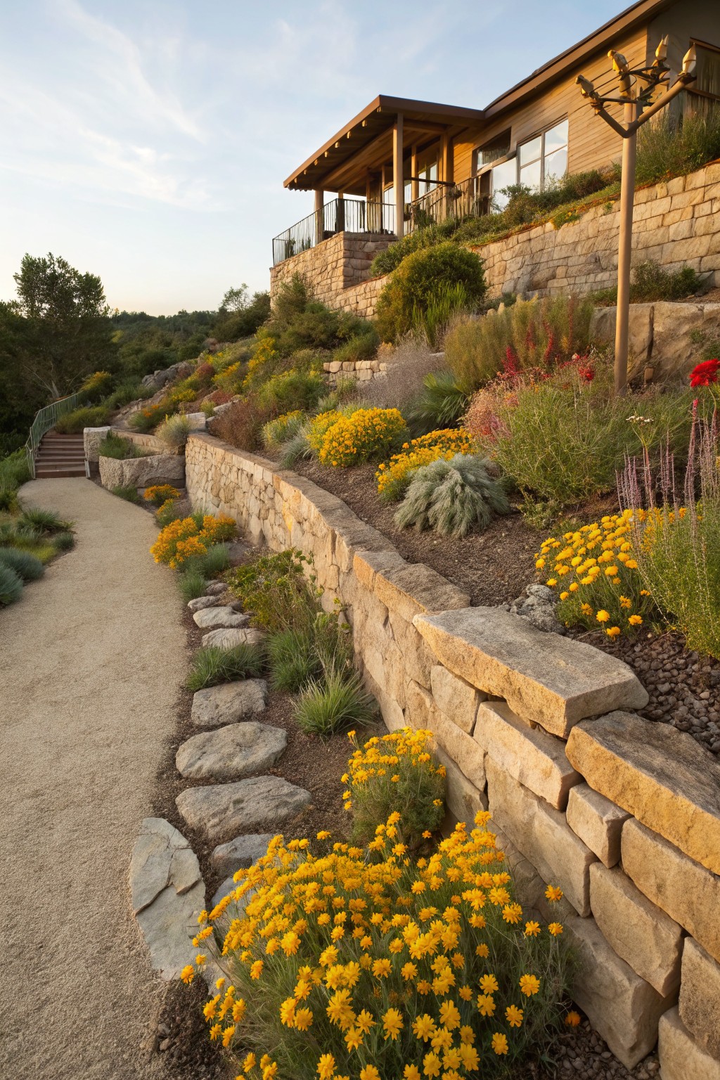 Gravel pathway ascending a hillside through terraced dry-stacked stone retaining walls planted with clusters of yellow flowers, shrubs, and grasses beside a wooden house.