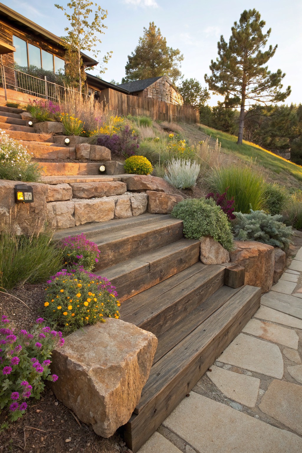 Sloped pathway with stone risers, wooden treads, large boulders, and surrounding drought-tolerant plants including pink and yellow flowers, grasses, and shrubs leading up to a house on a hillside.
