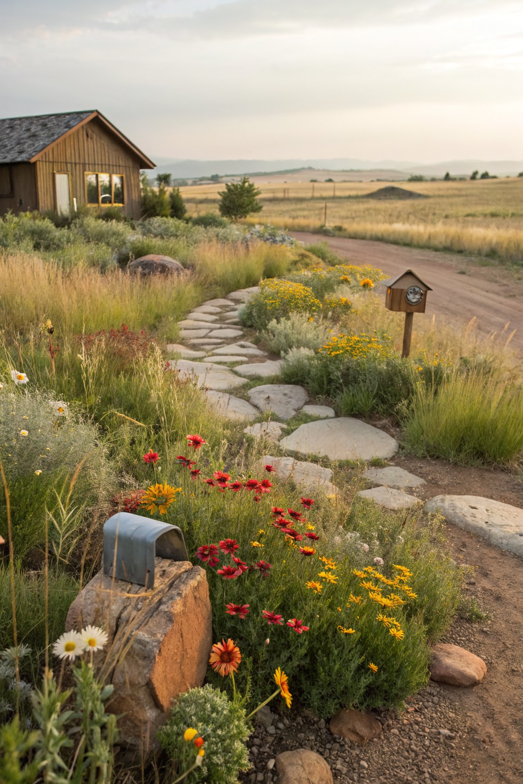 Wooden cabin exterior with a curved flagstone path winding through beds of wildflowers, grasses, and rocks, featuring a metal mailbox on a stump, a birdhouse post, and prairie landscape at dusk.