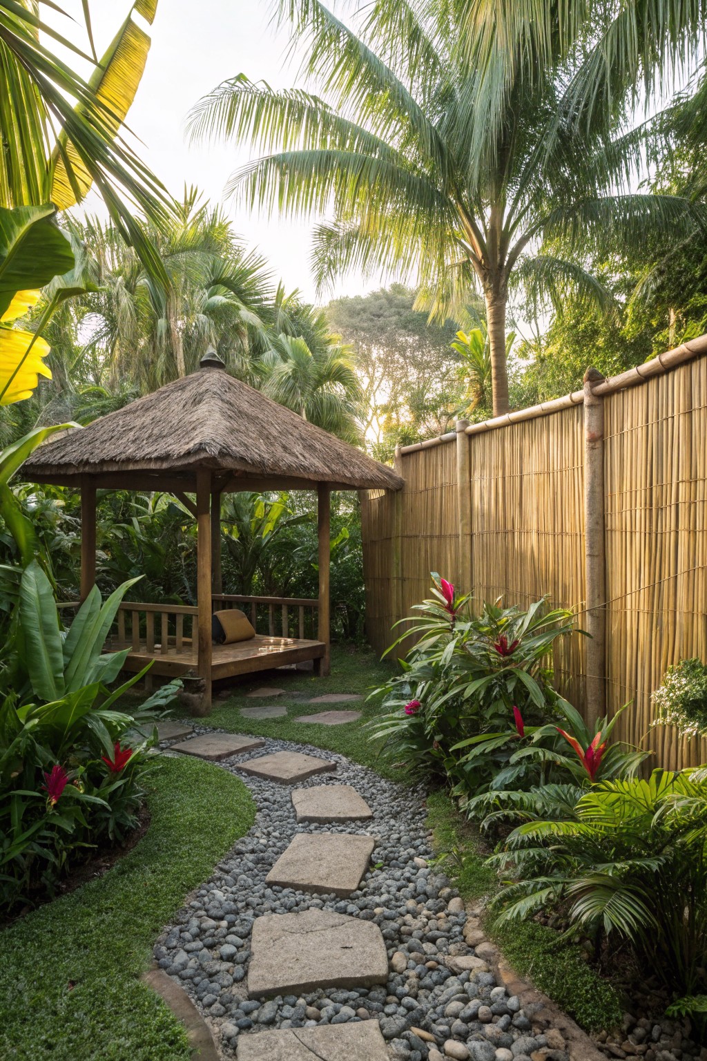 Tropical garden with a thatched-roof wooden pavilion, daybed inside, stone pathway, lush plants, and tall bamboo fence enclosure.