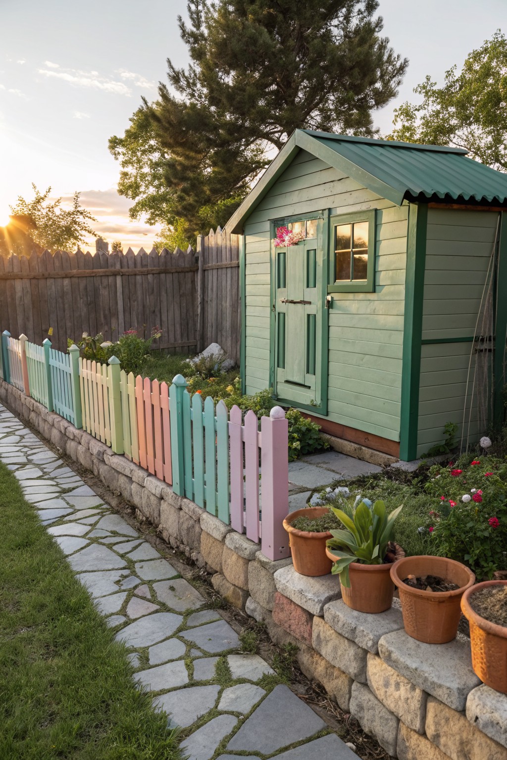 Green wooden garden shed with multicolored picket fence along stone wall base, potted plants on wall, flagstone path, garden beds, and trees in backyard at sunset.