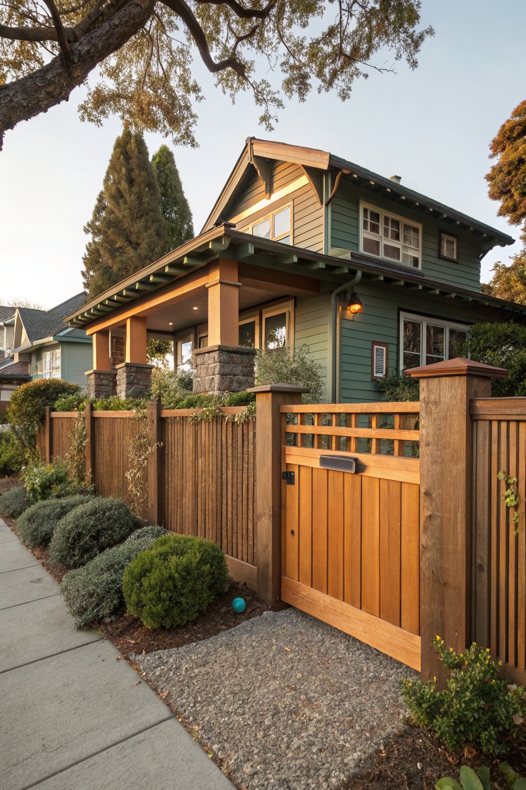 Green Craftsman-style house with wooden porch and stone pillars next to a wooden slat fence and gate with lattice top, edged by shrubs and a gravel path on a sidewalk.
