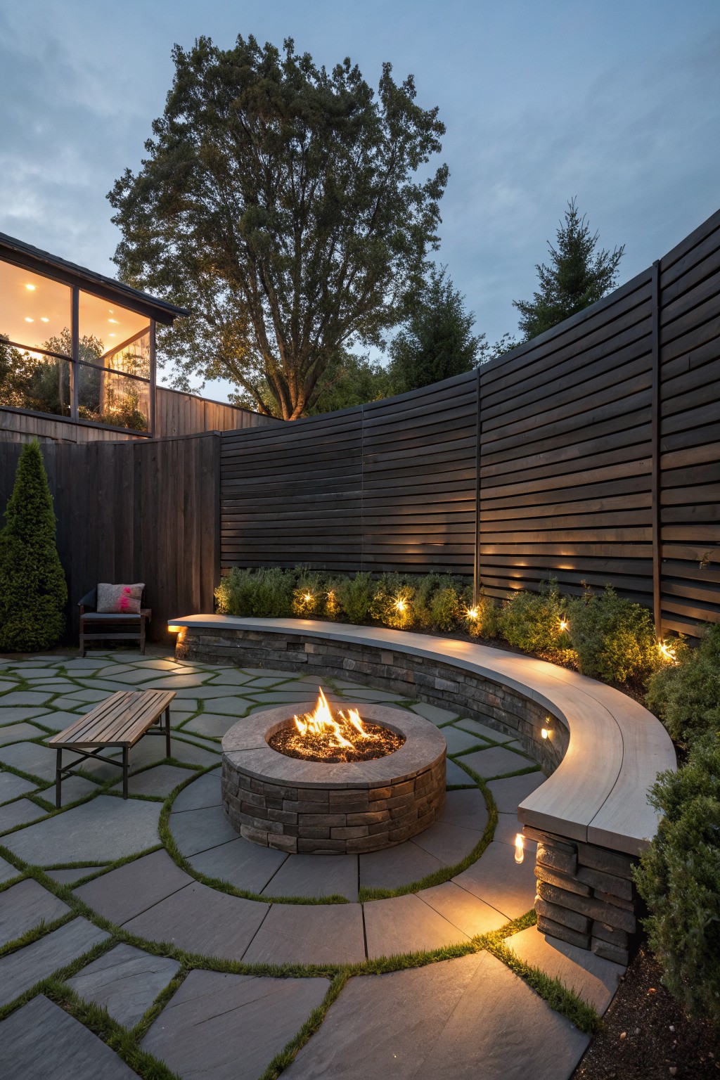 Backyard patio at dusk with central stone fire pit, curved concrete bench seating, slatted wooden privacy fences, low shrubs with uplights, paver flooring, and nearby modern house with glass walls.