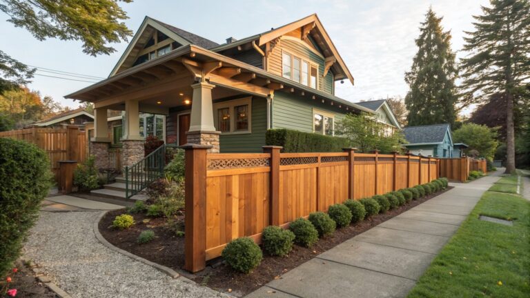 Green Craftsman-style house with wooden porch and stone pillars next to a wooden slat fence and gate with lattice top, edged by shrubs and a gravel path on a sidewalk.