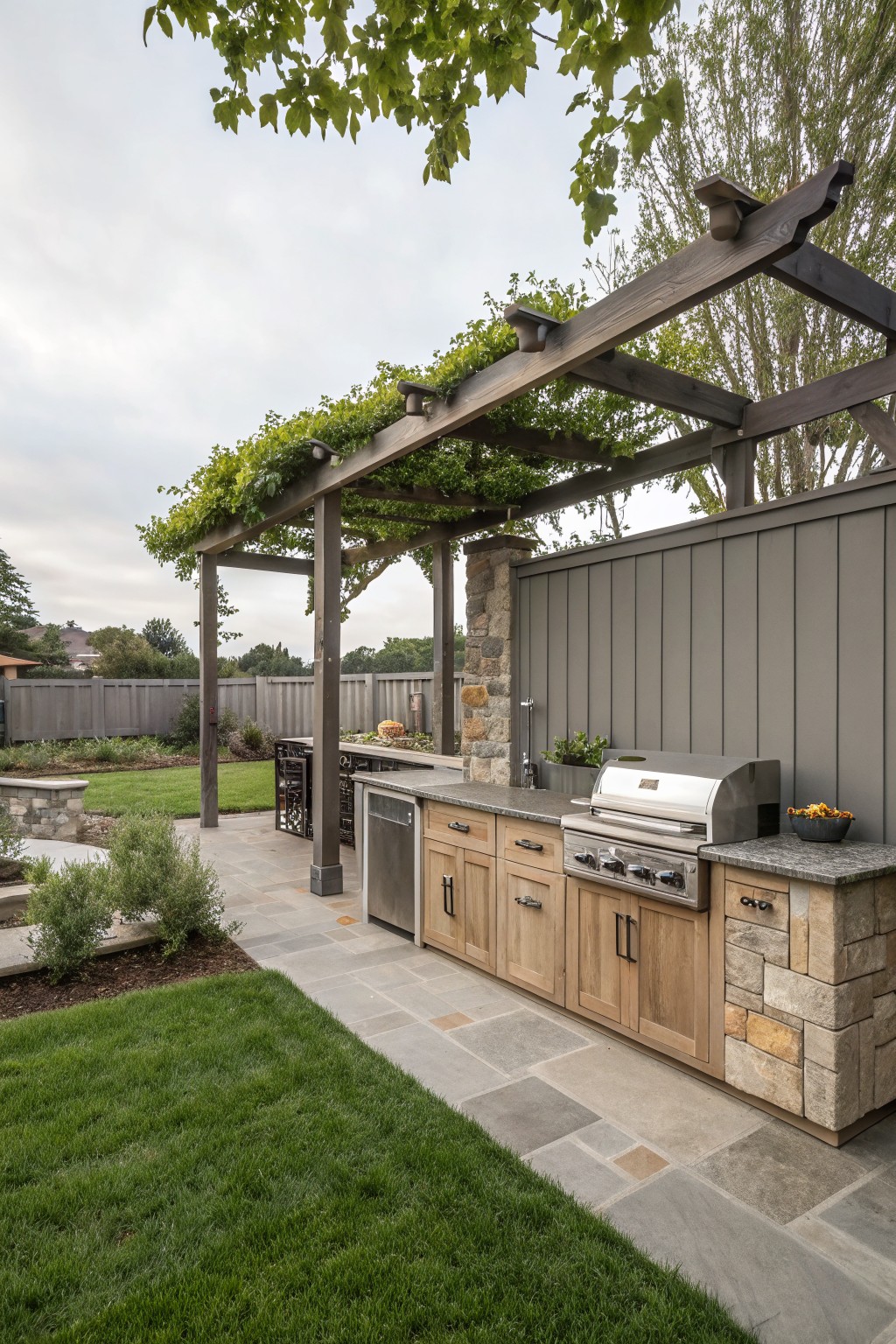 Tall gray vertical board wooden privacy fence with stone pillars flanking an outdoor kitchen under a vine-covered wooden pergola in a backyard patio.