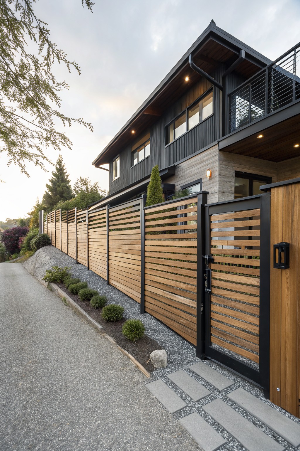 Modern dark-sided house next to a sloped yard with tall horizontal slat wooden fence and black metal-framed gate beside a driveway and gravel path.