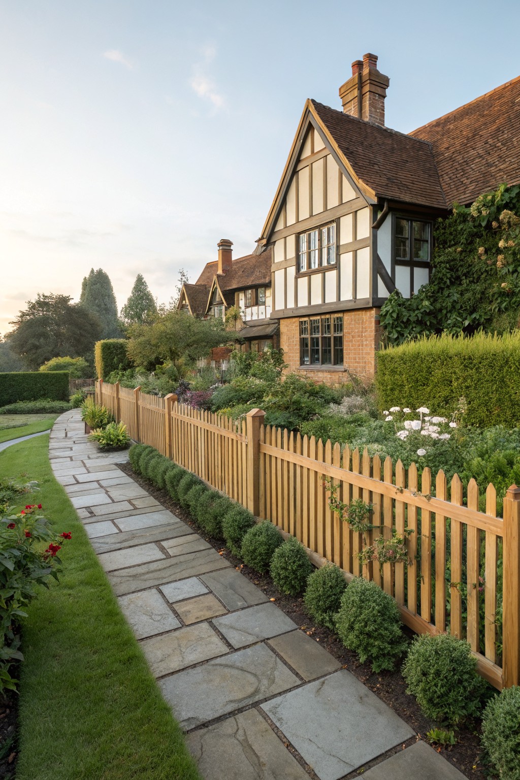 Wooden picket fence along a curving stone pathway beside a half-timbered brick house in a garden with hedges, flowers, and trees.