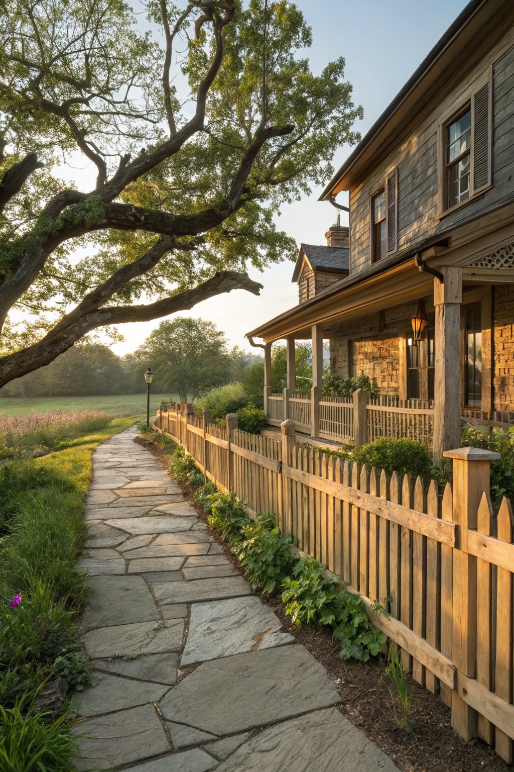 Wooden picket fence runs alongside a flagstone pathway leading toward a shingled house with porch and stone foundation, edged by plants and grass.