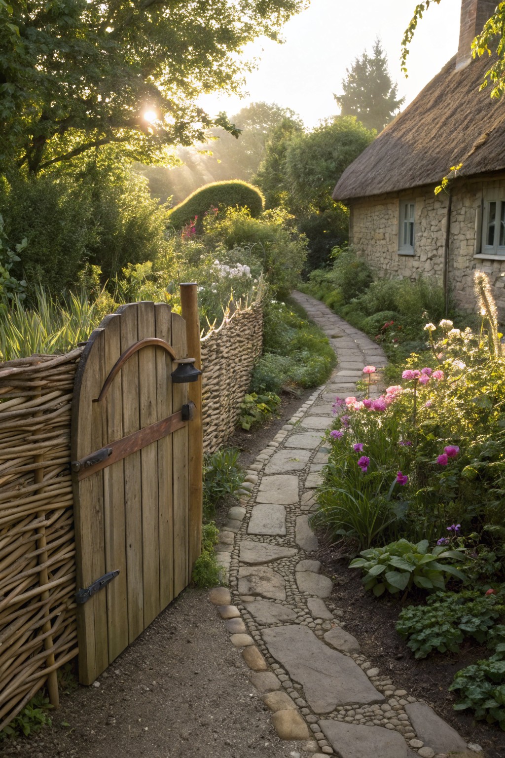 Wooden arched gate set in woven branch fence beside a stone path with pink flowers and greenery leading to a thatched stone cottage.