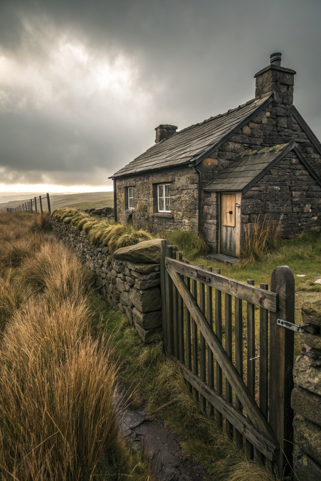 Weathered wooden slatted gate set into a dry stone wall leading to a small stone cottage with slate roof, surrounded by tall grass and moorland hills under overcast skies.