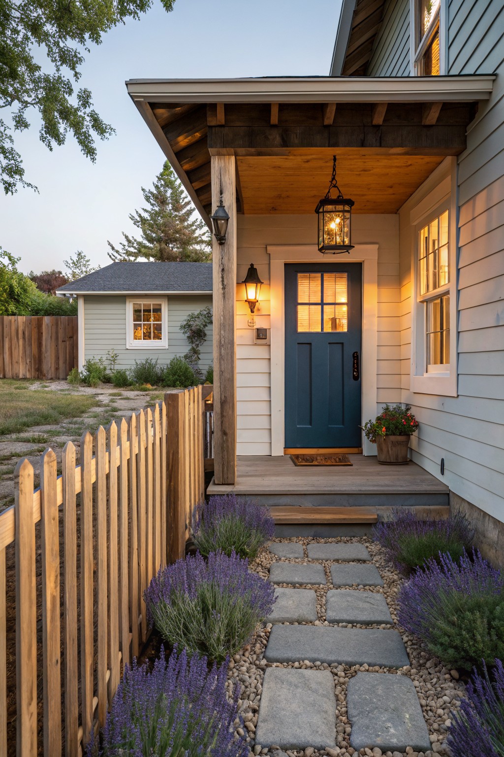 Home exterior with covered porch entry, navy blue door, hanging lanterns, wooden picket fence bordering flagstone path lined with lavender plants and gravel.