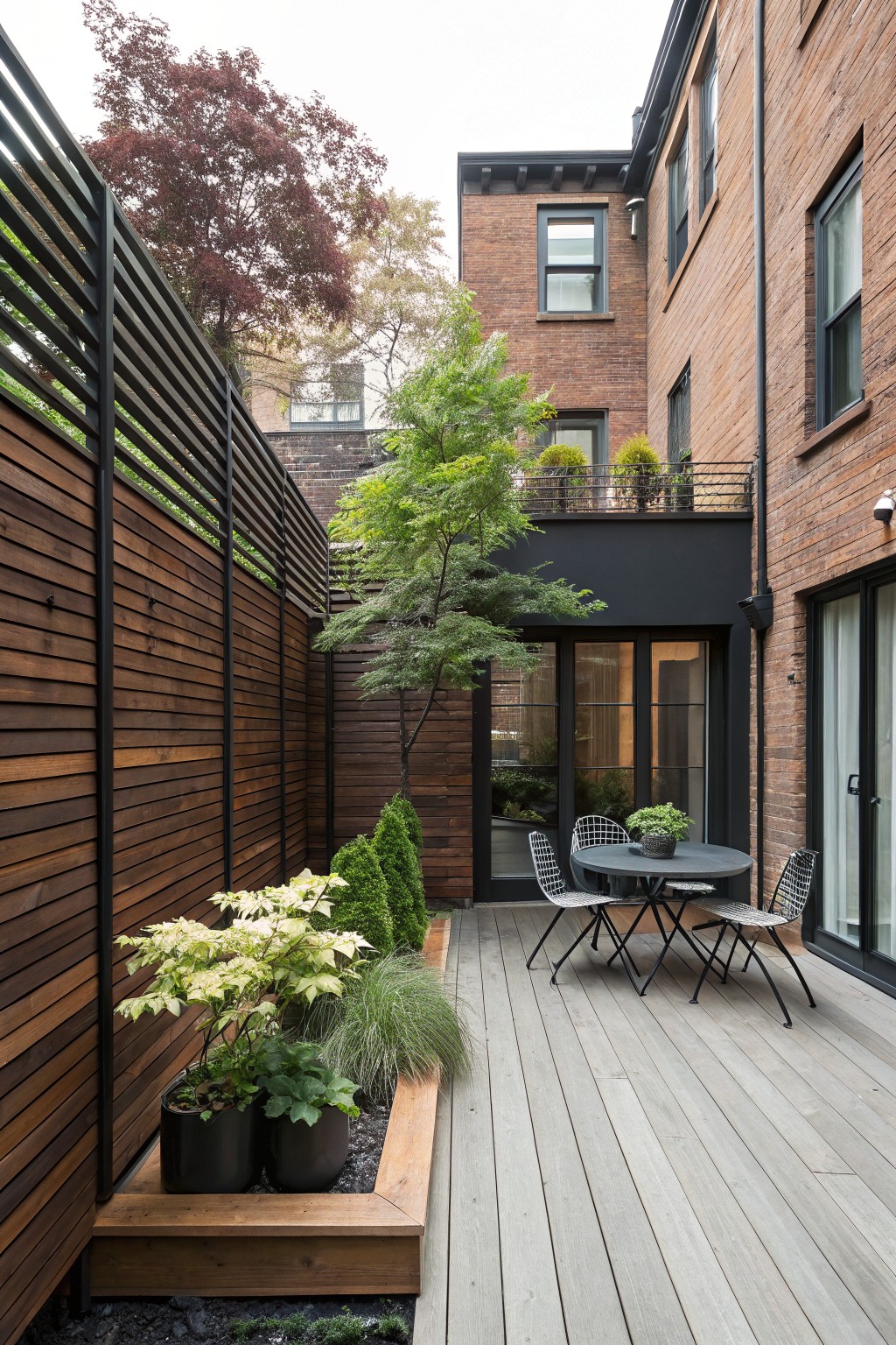 Narrow backyard patio enclosed by tall wooden fences with black metal slats at the top, gray wood decking, small round metal table with wire chairs, potted plants, and brick walls with glass doors.