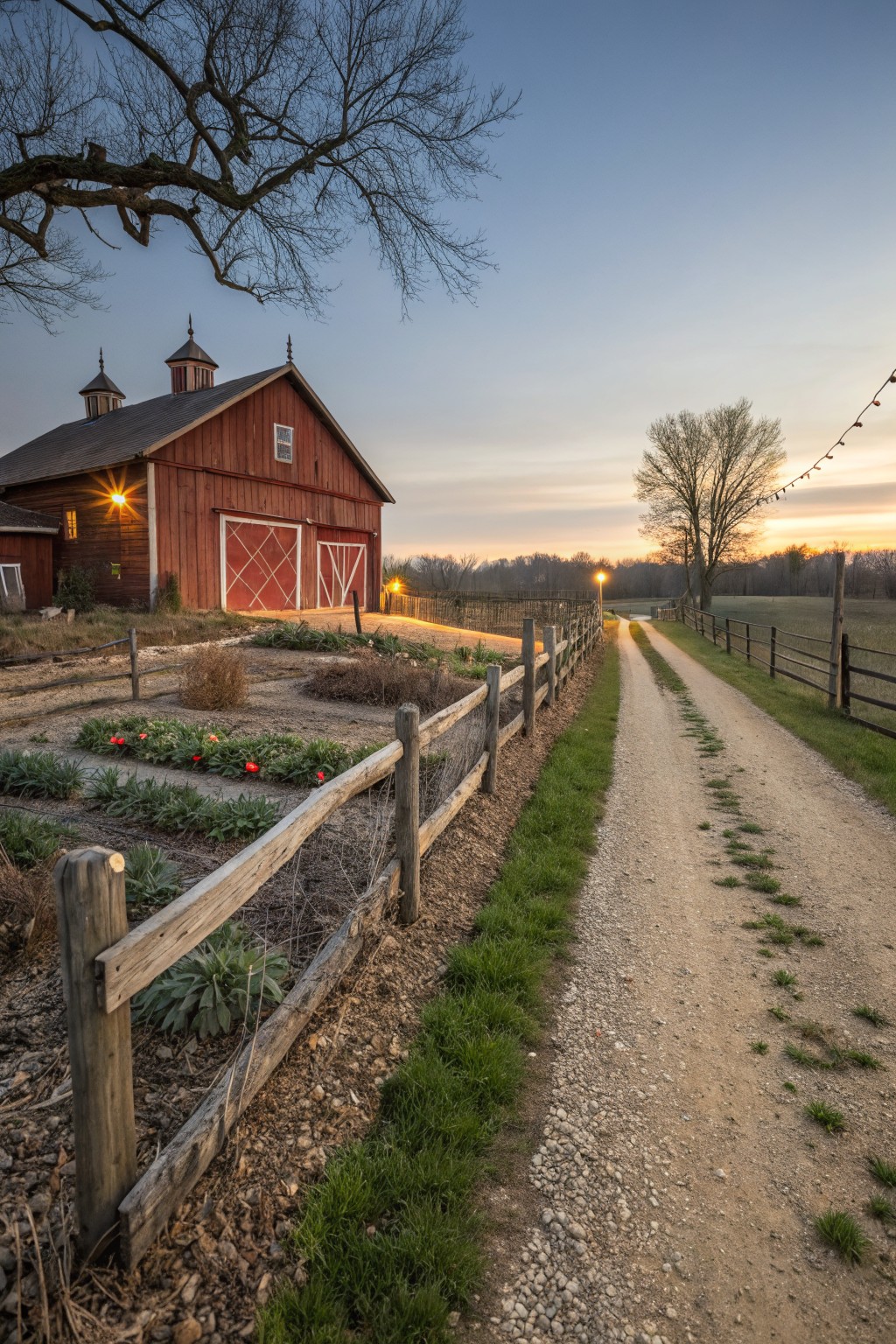 Red wooden barn with lit doors beside raised garden beds enclosed by wooden split-rail fence, adjacent to a gravel pathway with more split-rail fencing at dusk.