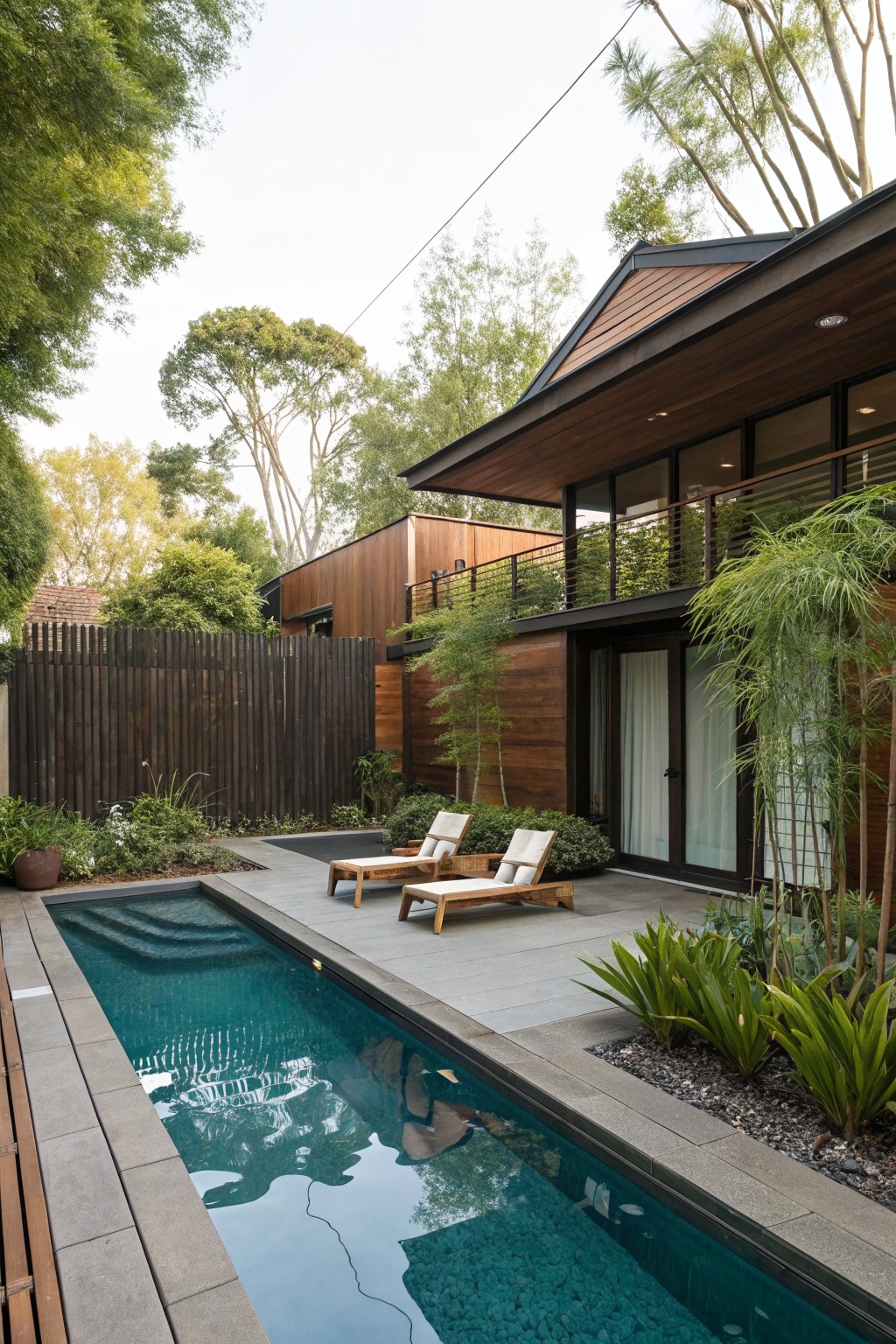 Backyard lap pool with wooden loungers beside a dark vertical slatted wooden fence, tropical plants, and a modern wooden house exterior.